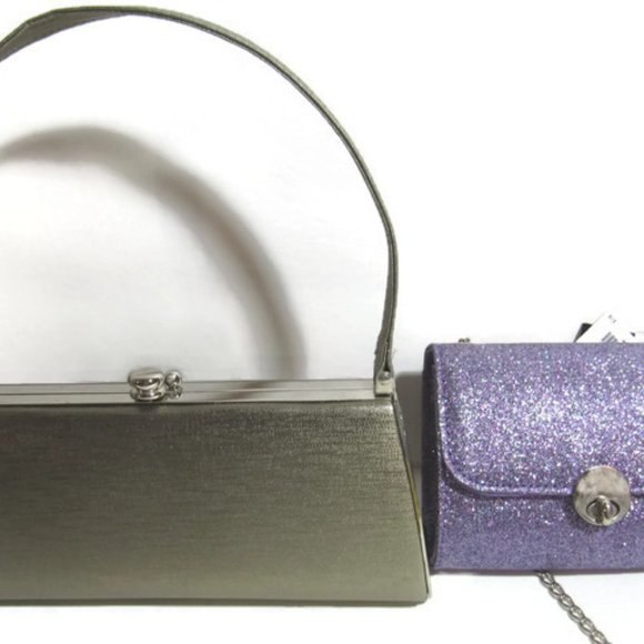 Pair of Clutch Purses 1 Shiny Taupe 1 Purple USAm - Picture 1 of 11